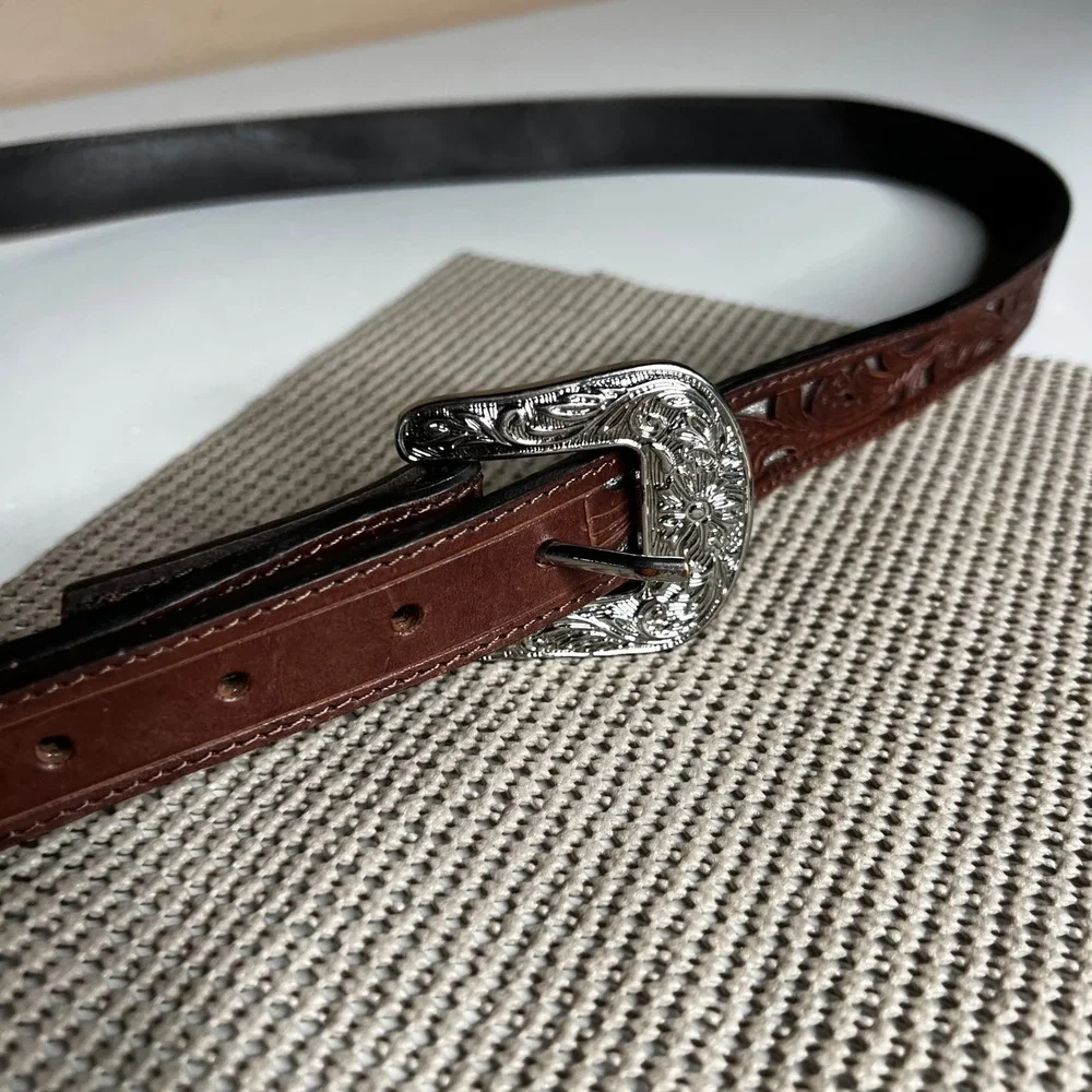 Shyanne Western Floral Tooled Brown Leather Belt Silver Filigree Buckle XL